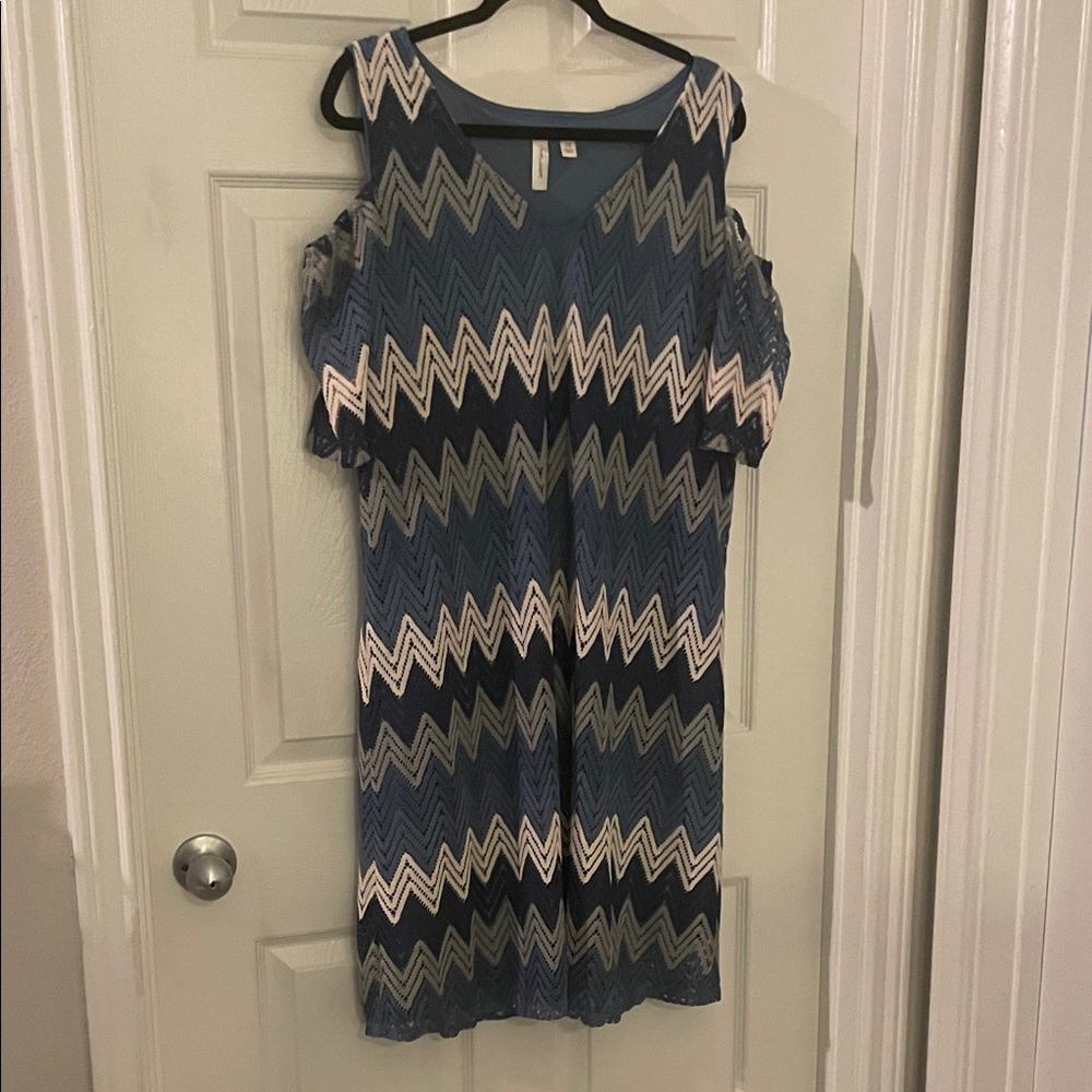 Tacera Blue and White Zigzag Crochet Midi Dress